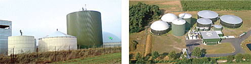 In Noyon, France, a 3,479 m3 upright tank is designed to digest 40,000 tons/year of food wastes, FOG and dry organic wastes (left). The centralized Werlte biogas facility in Lower Saxony, Germany services about 100 farmers, digesting 110,000 m3 per year of manure and other pumpable wastes in two 3,200 m3 tanks (right).