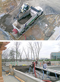 Pneumatic blower trucks are one method of installing growing media on green roofs.