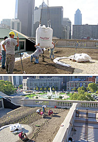 A crane hoists growing media in a 'super sack' onto the roof of Philadelphia's Free Library.