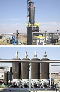 Bioenergy Solutions uses a bioreactor to remove hydrogen sulfide from the biogas (top, under construction), and then pressure swing adsorption units (bottom) to reduce moisture and carbon dioxide levels.