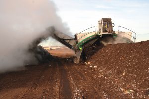 Compost is turned with Komptech windrow turner at Shakopee Mdewakanton Sioux Community’s Organics Recycling Facility