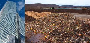 Food scraps from the cafeterias and The Durst Organization’s offices at the Bank of America Tower (left) are part of the source separated organics (right) delivered to McEnroe Organic Farm.