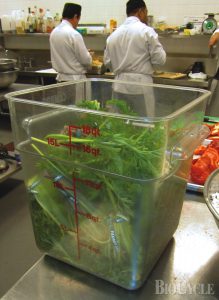Kitchen staff is trained to place food waste and other compostable organics in specified containers.