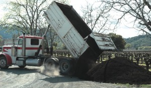Contracted haulers bring compost from Recology’s Jepson Prairie Organics in Vacaville, California, to Chateau Montelena in the Napa Valley.