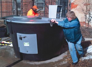 The market has three Earth Tub on-site composting units. It takes three weeks to fill up one tub, and three to four weeks for the material to degrade. Compost is used for landscaping at the market.