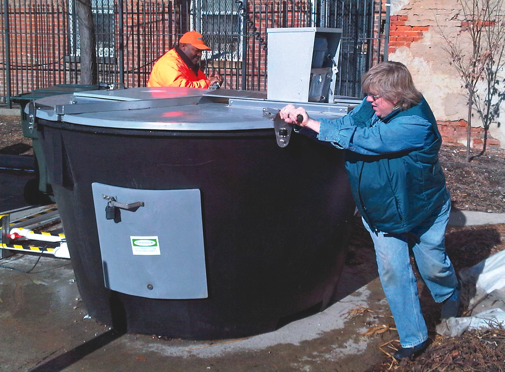 The market has three Earth Tub on-site composting units. It takes three weeks to fill up one tub, and three to four weeks for the material to degrade. Compost is used for landscaping at the market.