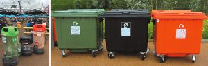 The three identified waste streams were kept separate throughout the system using color-coding that matched both the front-of-the-house receptacles (above) to the back-of-the-house collection containers (right). Orange was for compostables, green for recyclables and black for nonrecyclables.