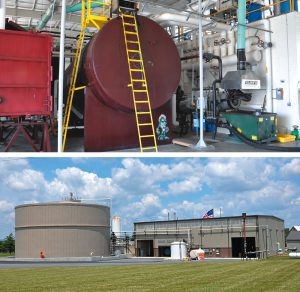 The Food to Fuel project takes waste grease and oil from restaurants and food processing facilities and separates the oil from the water (left) to produce a heating oil. Residuals from that process, along with food waste and municipal sludge, are anaerobically digested in a 1.23 million gallon Biothane continuously-stirred reactor (below).