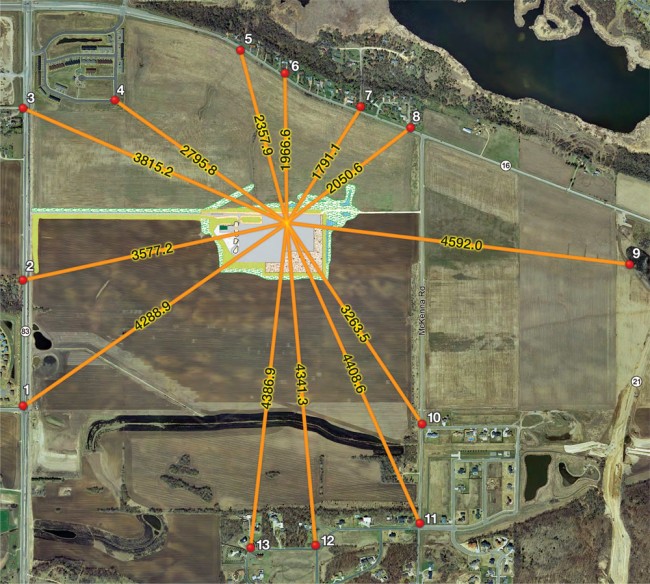 Lineal distances (in feet) to odor survey stations from the Mdewakanton Sioux Community organics recycling facility are shown.
