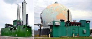 A water-scrubber system for biogas purification — designed to yield 98 percent methane — was supplied by Greenlane Biogas (right). Hamilton has a 1.6 MW CAT combined heat and power unit (far right).