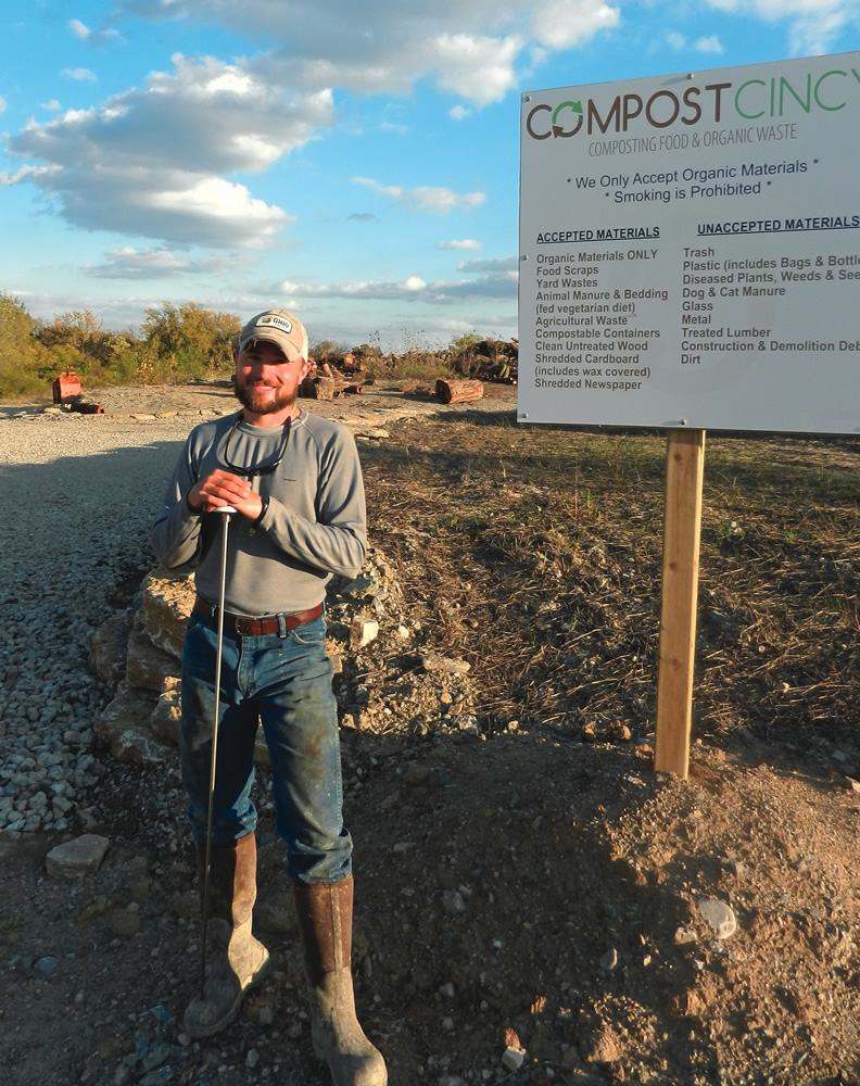 Grant Gibson's "Compost Cincy" large-scale composting operation is located on a former brownfield site in a manufacturing area seven miles north of downtown Cincinnati.