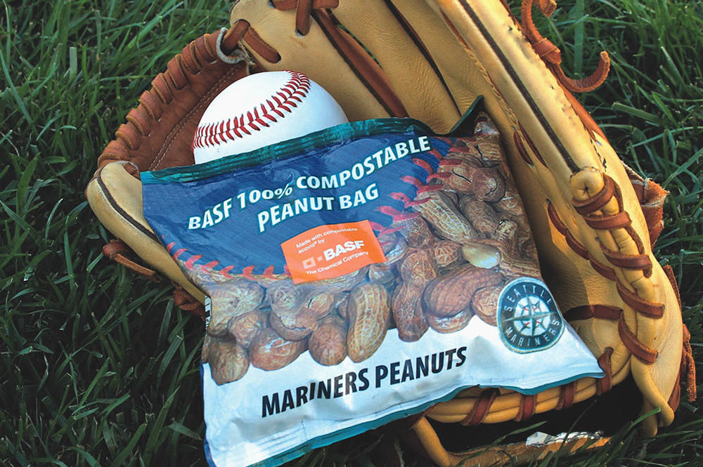 A prototype compostable snack bag of peanuts was given out to the first 10,000 fans to arrive at Safeco Field in September.