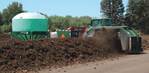 Windrows are turned every three days for 15 days with a Midwest Bio-Systems turner pulled by a tractor.