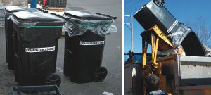 “We have found that we need a minimum of 10 filled totes set out per collection per store to realize the necessary savings,” explains Ginny Frederick, Weis Market’s Facilities Manager. Totes are lined with plastic bags secured with rubber bands (below) to minimize frequency of cleaning.