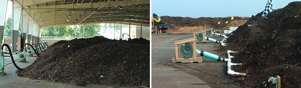 Examples of a negative aeration system installed at the City of Burlington, North Carolina’s biosolids composting facility (left) and a positive aeration system at Blue Hen Organics in Frankford, Delaware (right) are shown.