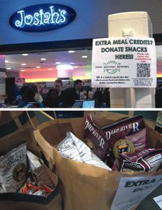 Students are encouraged to get engaged in the food donation program, such as using extra meal credits to purchase packaged snacks (top). The snacks are put into bags (above) and delivered with the prepared food.