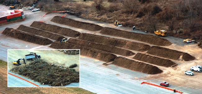 The U.S. Army Corps of Engineers is using the runways of Floyd Bennett Field in Brooklyn, New York to store (inset) and process vegetative debris from Hurricane Sandy.