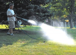 Compost tea must be applied within four to six hours after removing oxygen. Dane Terrill uses a diaphragm pump and does the application with a spray gun.