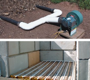 Facilities can test various piping system designs, such as entrenching the pipes as shown in this pilot test (top). ASP composting designs most often use centrifugal blowers (bottom), as these are recommended for systems with back pressure caused by having long runs of piping or ducting