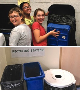 Students often are involved in collection of recyclables from classrooms (top). Clustering trash and recycling bins in the halls improves the capture of recyclables (bottom).