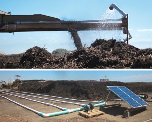 CalRecycle has been collaborating on composting and air quality research, including methods to reduce VOC, ammonia and greenhouse gas emissions. In one study, a 1-foot-thick biofilter cap on aerated static piles has been very effective (pile construction process shown top). The project also is using solar power to run the aeration fans (bottom).