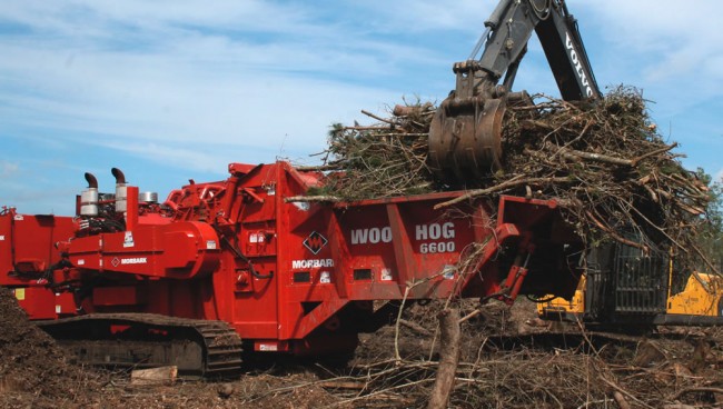 With last year’s drought and ban on burning, New Earth began doing off-site grinding. Its new Morbark horizontal grinder on tracks facilitates processing at other locations.