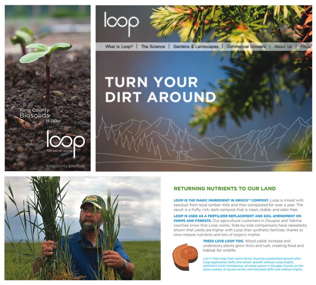 The brand is featured in King County’s promotional materials and on its website. The branding consultant recommended an “ingredient brand” approach because Loop can be utilized directly (e.g., on crops) or as an ingredient in another product with its own brand, such as GroCo™ compost (discussed in website example above).