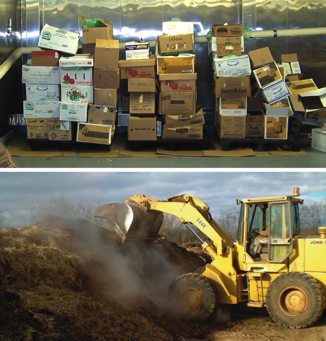 Food waste from the Martinsburg Veteran Affairs Medical Center is placed in 5-gallon biodegradable bags, which are then placed in cardboard boxes stacked on a pallet and stored in a corner of the kitchen’s freezer (top). The waste is collected biweekly and composted by Lyle C. Tabb & Sons in Kearneysville, West Virginia (above).