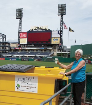 Sissy Burkhart (inset), Cleaning Operations Manager with the Pittsburgh Pirates organization, coordinates the organics diversion program within the ballpark. 