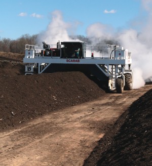 Brooks Contractor’s new windrow turner with a slow-speed, belt-driven drum has increased composting efficiency and is well-suited to withstand abrasive feedstocks such as eggshells.