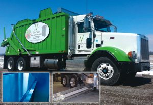 To service food waste generators in Ohio, Viridiun purchased Brown Industrial’s straight truck trailers. Features include front and rear splash pans (inset, left) to direct the “splash” back into the trailer when the driver starts and stops, and a storage container under the truck to transport a pallet jack and tools (inset, right).