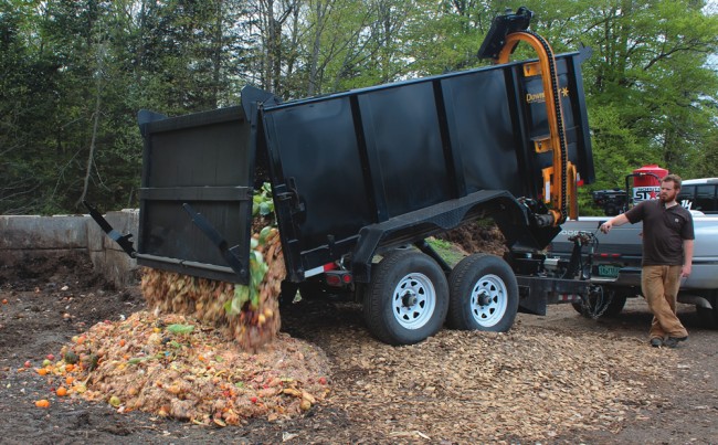 A 10-cy trailer with a cart lifter is used to collect commercial and institutional organics in the Northeast Kingdom. It can hold about 5 tons of food waste, and is pulled by a one-ton heavy-duty pick-up truck. A 10-cy trailer with a cart lifter is used to collect commercial and institutional organics in the Northeast Kingdom. It can hold about 5 tons of food waste, and is pulled by a one-ton heavy-duty pick-up truck.