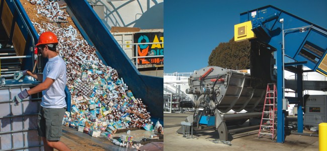 The DODA depackaging/ preprocessing system at the Sacramento BioDigester is sized for a 100 tons/day. Loads include cans of off-spec food that are tipped onto the conveyor belt of the system.