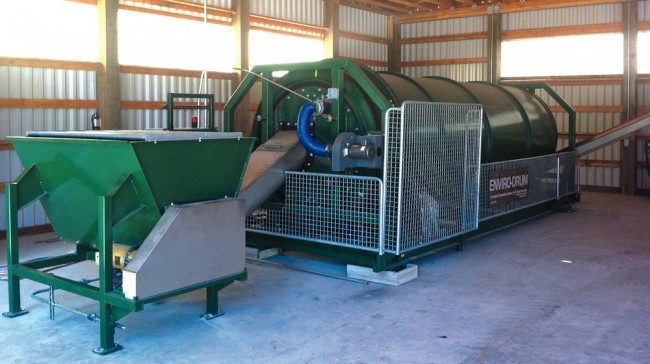 Larch Corrections Center is located in a remote area at a former forest camp. Savings from transportation costs and avoided tipping fees made the case for developing on-site composting capacity (Wright Environmental system shown above).