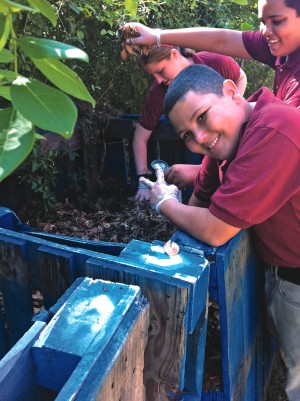 The program engaged students to demonstrate organics management science and systems, as well as compost’s use to support food production (students at a high school in Vieques seen here).