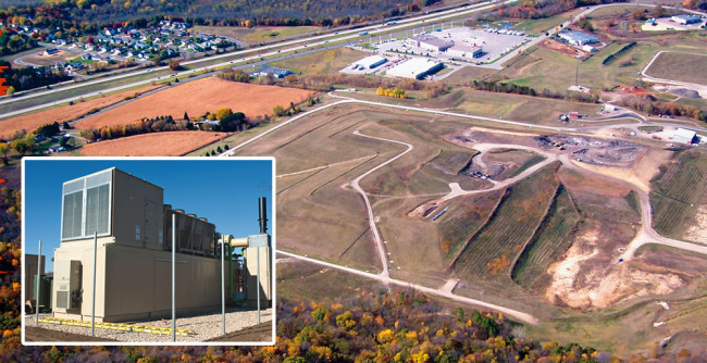 The Onalaska campus receives conditioned biogas from the La Crosse County Landfill, which is 1.6 miles away. The generator (inset) provides all the heat and electricity for the campus.