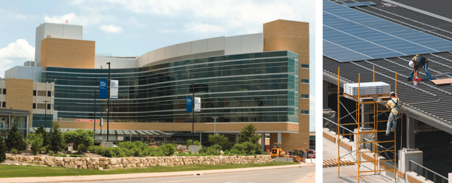 A new hospital in La Crosse will operate on 115 kBtu/sq ft versus the average hospital energy intensity of 250 kBTU/sq ft. The hospital is expected to achieve LEED status after its first year of operating. A Gundersen parking garage (right) is equipped with 75,000 kWh of solar photovoltaics.