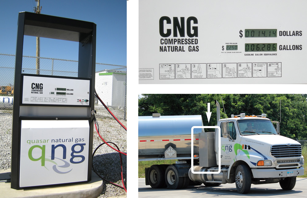 Four quasar digesters upgrade biogas to “qng” compressed natural gas, which retails for an average of $2.25/gasoline gallon equivalent (fueling station at left). About 30 quasar vehicles, including some tanker trucks, are equipped with CNG engines (see arrow above).