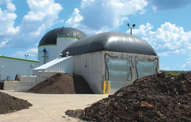 In addition to the wet digesters, the Zanesville plant has a 2-bay integrated Anaerobic Digestion system that can treat and recover energy from feedstocks ranging from 0.5 to 85 percent solids. Ground wood waste is loaded into the bays, and 1,000 to 2,000 gallons/day of effluent are sprayed on the material. Retention time is 4 to 5 weeks.