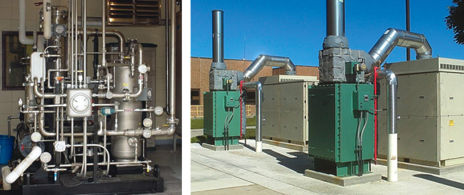 Sheboygan, Wisconsin’s cogeneration equipment includes ten 30 kW and two 200 kW microturbines (several shown above), four heat recovery systems and a biogas treatment and compression system (left).