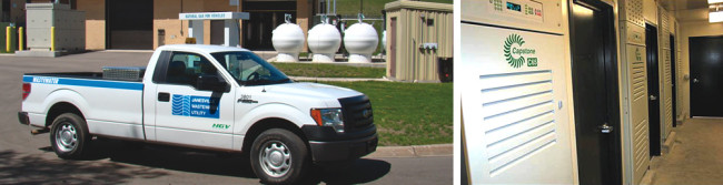 The City of Janesville, Wisconsin utilizes microturbines (right) for electricity, as well as BioCNG equipment to upgrade biogas for vehicle fuel (fueling station above).