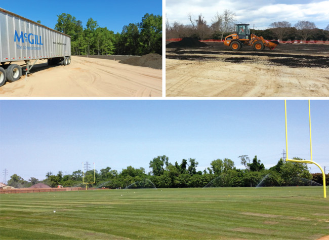 McGill SoilBuilder Premium Compost was used in construction of practice training fields for the Washington Redskins and the University of North Carolina-Charlotte. The fields were leveled, compost was spread and incorporated into the soil, and sod was laid on top.