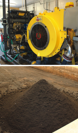 A rotary fan press (top) produces 19 to 22 percent solids (bottom); a portion is composted and the remainder is hauled to an anaerobic digester operated by quasar energy group.