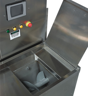 The food chute is pictured on EnviroPure’s biodigester. Units range in capacity — from 120 to 3,000 lbs/24-hour period.