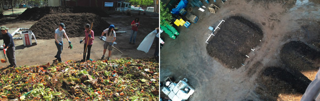 BIG! Compost in Western Queens is one of the mid-size community composting operations in New York City. It is part of the NYC Compost Project Local Organics Recovery Program, and processes food scraps from Greenmarkets and drop-off sites, along with yard trimmings, in aerated static piles (aerial photo).