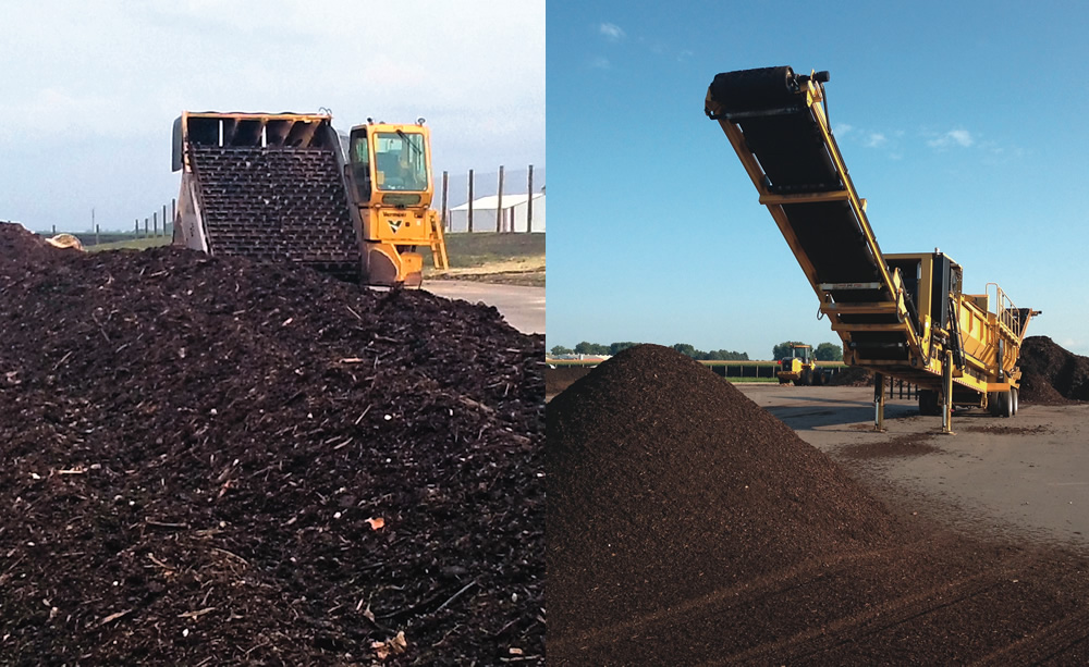 Composting at the Good Thunder facility is done in windrows that are turned with a Vermeer elevating face unit (left). Screened compost is sold to area landscapers (right).