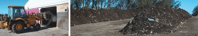 Feedstock is placed in the digesters using a front-end loader (top). Each unit can hold 60 to 65 tons of material. After 25 to 28 days of dry fermentation, digestate is removed from the vessels, blended with woody materials and taken to an adjacent windrow facility operated by Keith Day Composting (above).