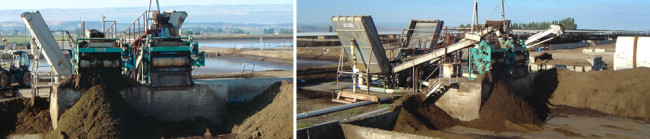 The current nutrient recovery process at DeRuyter uses screens/roller presses to separate fiber (left) and weirs to settle phosphorus-rich manure fines (above).