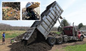 Veteran Compost purchases mulch fines from a local wood recycler for amendment. Food scraps are emptied onto a heavy bed of mulch fines (inset, left) and then mixed (inset, right) before addition to the extended aerated static pile.