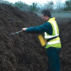 The inserted tip of the compost probe quickly assumes the temperature of the compost windrow while the exposed end with the oxygen detector remains at ambient temperature. It is relatively simple to correct the oxygen readings.